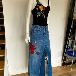 One of kind upcycled 501s maxi skirt with rosé embroidery